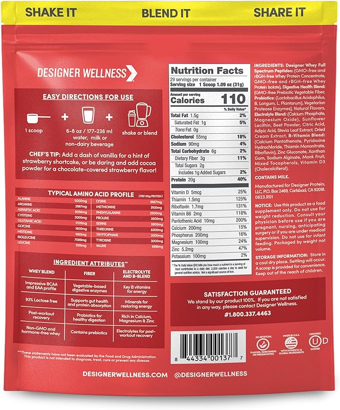 Designer Wellness, Designer Whey, Natural Whey Protein Powder with Probiotics, Fiber, and Key B-Vitamins for Energy, Gluten-Free, Summer Strawberry, 2 lb