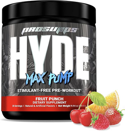 PROSUPPS Hyde Max Pump Pre Workout for Men and Women - Nitric Oxide Supplement for Pump and Endurance - Stimulant Free Pre Workout to Promote Blood Flow and Muscle Strength (Fruit Punch, 20 Servings)