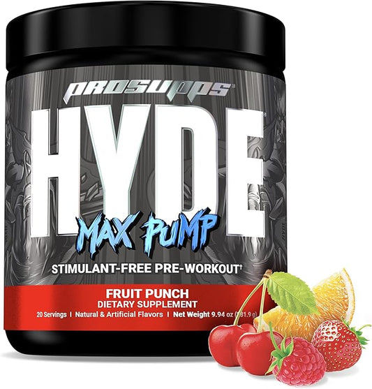 PROSUPPS Hyde Max Pump Pre Workout for Men and Women - Nitric Oxide Supplement for Pump and Endurance - Stimulant Free Pre Workout to Promote Blood Flow and Muscle Strength (Fruit Punch, 20 Servings)