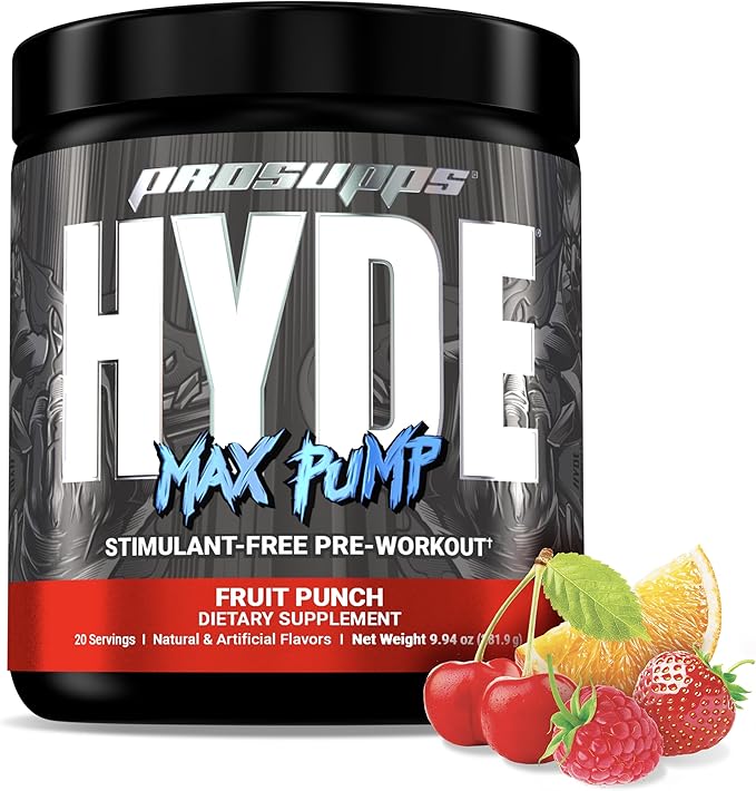 PROSUPPS Hyde Max Pump Pre Workout for Men and Women - Nitric Oxide Supplement for Pump and Endurance - Stimulant Free Pre Workout to Promote Blood Flow and Muscle Strength (Fruit Punch, 20 Servings)