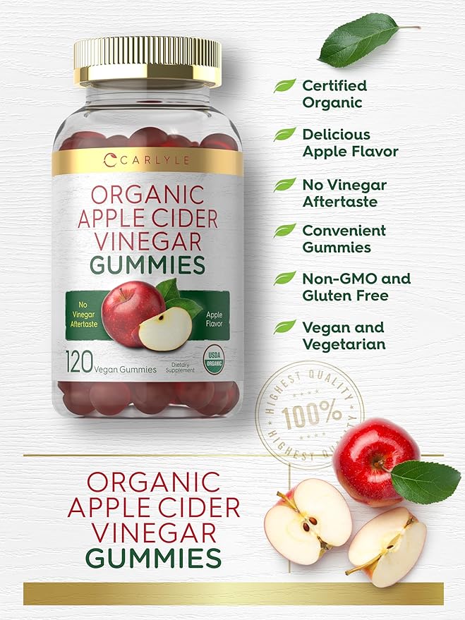 Carlyle Organic Apple Cider Vinegar Gummies | 120 Count | USDA Organic | Vegan, Non-GMO & Gluten-Free ACV Gummies | Apple Flavor