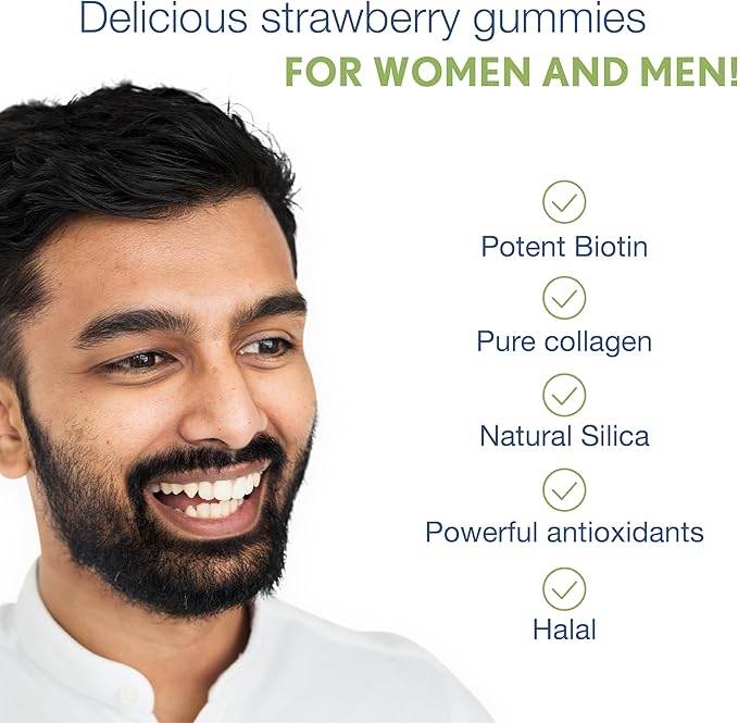 Noor Vitamins Halal Hair Vitamins Biotin, Collagen, Silica, Vitamin C & E Supports Hair, Skin & Nail Health; Natural Strawberry Gummy Vitamins. GMO, Gluten Free & a Certified Halal Vitamin (90 Count)