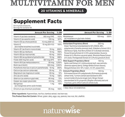 NatureWise Multivitamin for Men - Daily Male Support - Minerals & Herbs for Energy, Performance, Immunity - with Vitamin A, C, D, B-Complex - Soy & Gluten-Free, Non-GMO - 180 Capsules[3-Month Supply]