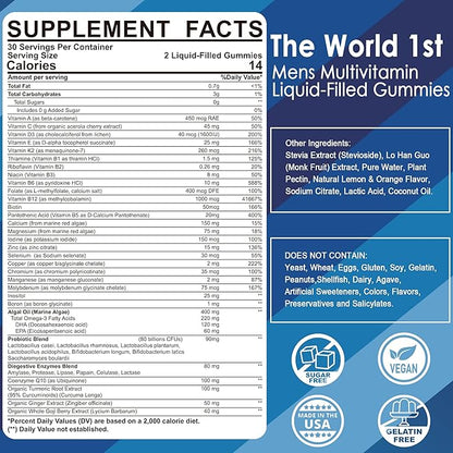 Mens Multivitamins Gummies, Multiminerals, Vegan Omega 3, CoQ10, Probiotics, Daily Mens Vitamins A C D3 E B6 B12, Methylated Multivitamin for Men - Energy, Immunity, Sugar Free, Vegan (No Iron) 60 Cts