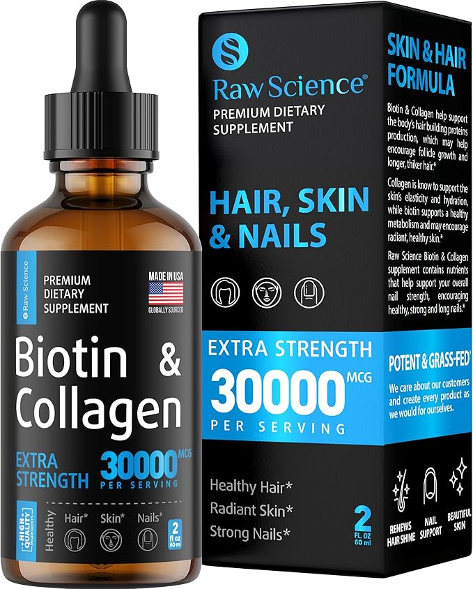 Liquid Collagen & Biotin Supplements for Hair Growth - Biotin 10000mcg Collagen Peptides 20000mcg Drops - Hair Vitamins for Hair Loss for Women & Men, Skin and Nail Strengthener - Made in USA, 2 floz
