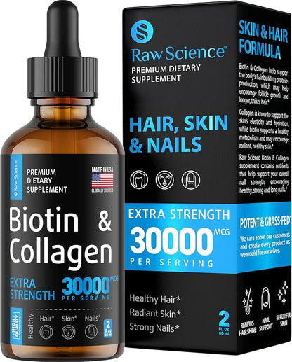 Liquid Collagen & Biotin Supplements for Hair Growth - Biotin 10000mcg Collagen Peptides 20000mcg Drops - Hair Vitamins for Hair Loss for Women & Men, Skin and Nail Strengthener - Made in USA, 2 floz