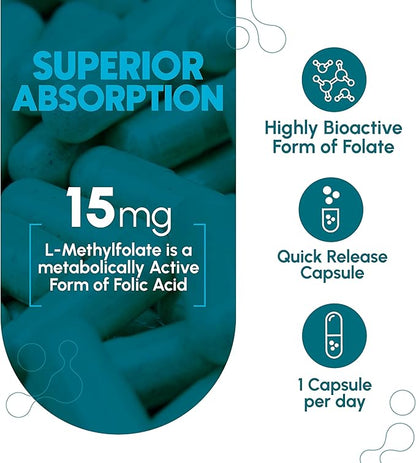 L-Methylfolate 15mg - L Methyl Folate Supplement, 5-MTHF for Folic Acid Deficiency - Max Absorption and Potency - l-methylfolate 15 mg - Methyl folate 15 mg - 120 Vegan Capsules, Non-GMO Gluten Free