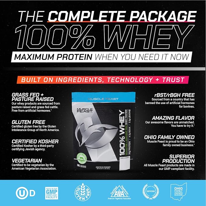 Muscle Feast 100% Grass-Fed Whey Protein, Pastured Raised Hormone Free All Natural, Unflavored, 2lb