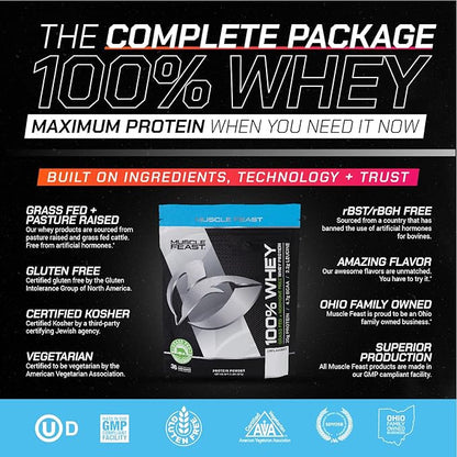 Muscle Feast 100% Grass-Fed Whey Protein, Pastured Raised Hormone Free All Natural, Unflavored, 2lb