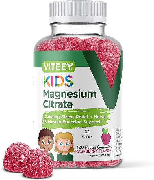 Kids Magnesium Citrate Gummies - Supports Sleep Aid, Calm Gummies, Muscle Relaxer, Optimal Relaxation - Vegetarian, Gelatin Free, Gluten Free, GMO Free - Tasty Chewable Raspberry Flavored Gummy