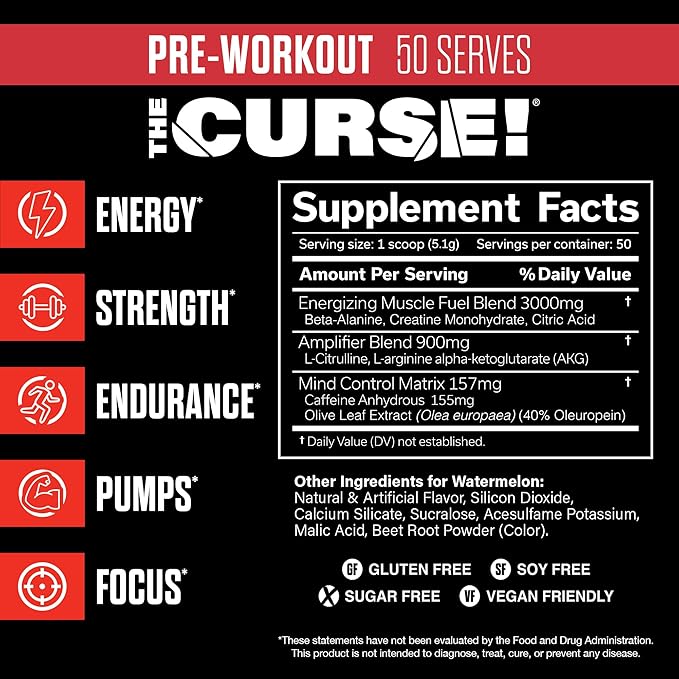 JNX SPORTS The Curse! Pre Workout Powder - Watermelon 50 Servings | Preworkout: Boost Strength, Energy + Focus for Men & Women | Caffeine, Beta-Alanine, Creatine & L-Citrulline