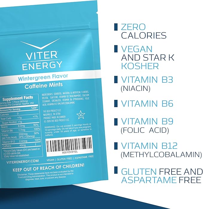 Viter Energy Caffeinated Mints 40mg Caffeine, B Vitamins, Sugar Free. (Wintergreen, 8oz, Bulk Bag)