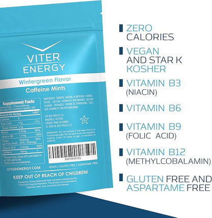 Viter Energy Caffeinated Mints 40mg Caffeine, B Vitamins, Sugar Free. (Wintergreen, 8oz, Bulk Bag)