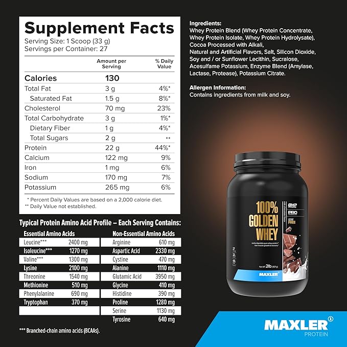 Maxler 100% Golden Whey Protein - 22g Protein per Serving - Premium Whey Protein Powder for Pre Post Workout - Fast-Absorbing Whey Concentrate Isolate & Hydrolysate Blend - Milk Chocolate Protein 2 lb
