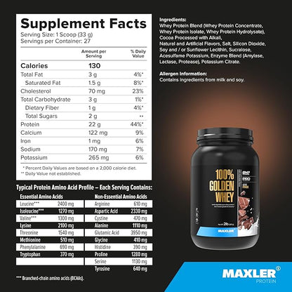 Maxler 100% Golden Whey Protein - 22g Protein per Serving - Premium Whey Protein Powder for Pre Post Workout - Fast-Absorbing Whey Concentrate Isolate & Hydrolysate Blend - Milk Chocolate Protein 2 lb