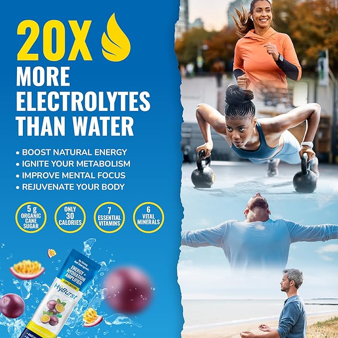 Energy + Hydration Amplifier - Multivitamin Electrolyte Powder Packets with Vitamins D3 K2 & B6 B12 | L-Theanine, Cane Sugar, Caffeine Free Energy Drink Powder | Passion Fruit, 15 Pack