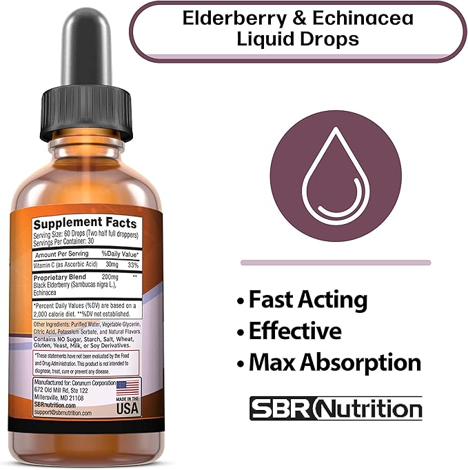SBR Nutrition Immune Support Liquid Dietary Supplement for Adults, Elderberry and Echinacea with Vitamin C, Organic, Vegan Sambucus Extract Immune System Booster, 2 oz (60 mL)