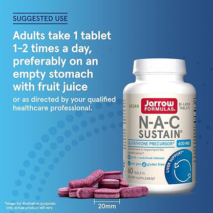 Jarrow Formulas N-A-C Sustain 600 mg, Dietary Supplement, Amino Acid Support for Liver Health and Antioxidants, 60 Tablets, 60 Day Supply
