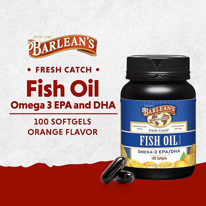 Barlean's Fish Oil Omega 3 Supplement, EPA & DHA Fatty Acid Softgels for Joint, Brain, & Heart Health, 1000mg Orange Flavored Fish Oil Pills, 100 Count