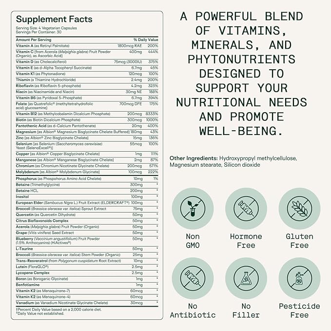 Adapt Naturals Multivitamin for Women & Men, Bioavailable Easy-to-Absorb Multivitamin Daily Supplement with Biotin, Niacin, Vitamin A, B, C, D, E, K1, Zinc, Magnesium | Immune Support - 30 Days Supply