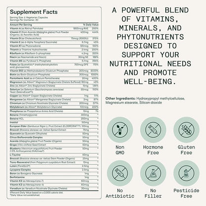 Adapt Naturals Multivitamin for Women & Men, Bioavailable Easy-to-Absorb Multivitamin Daily Supplement with Biotin, Niacin, Vitamin A, B, C, D, E, K1, Zinc, Magnesium | Immune Support - 30 Days Supply