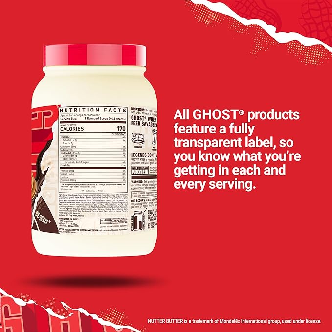 GHOST Whey Protein Powder, Nutter Butter Chocolate - 2LB Tub, 26G of Protein - Chocolate Peanut Butter Cookie Flavored Isolate, Concentrate & Hydrolyzed Whey Protein Blend