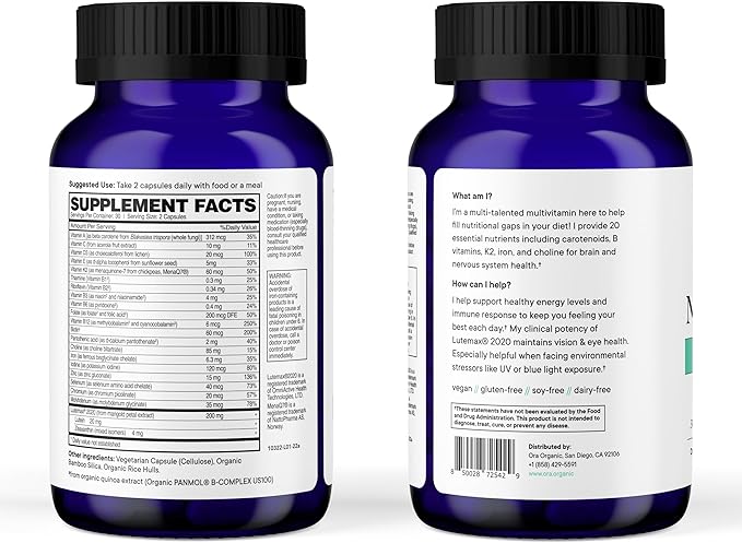 Ora Organic Plant Based Multivitamin for Women and Men, Bluelight Protection - Brain, Eye, Energy, Immune, Skin, Hair, Heart, and Bone Health Support, 60 Vegan Capsules