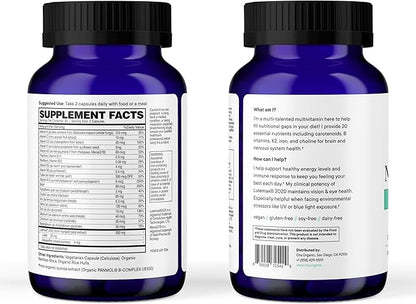 Ora Organic Plant Based Multivitamin for Women and Men, Bluelight Protection - Brain, Eye, Energy, Immune, Skin, Hair, Heart, and Bone Health Support, 60 Vegan Capsules