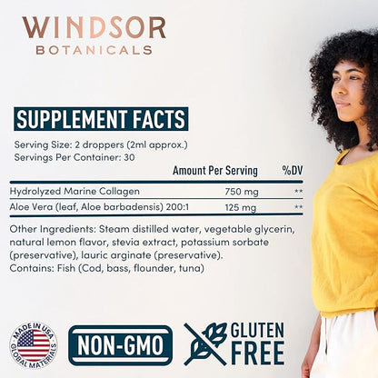 Colageno Hidrolizado para Mujer - Colágeno Líquido para Mujeres con Suplemento de Aloe Vera - 750MG Péptidos de Colágeno Marino 125mg Aloe Vera - Colágeno de Pescado Líquido - 60ml Gotas de Colágeno