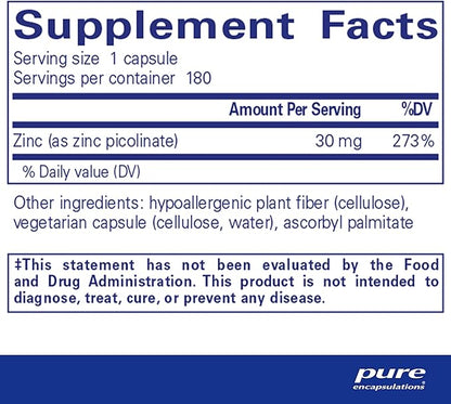 Pure Encapsulations Zinc 30 mg - Supplement for Immune System Support, Growth and Development, and Wound Healing* - with Zinc Picolinate 30 mg - 180 Capsules