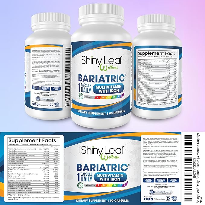 Shiny Leaf Bariatric Multivitamin with Iron - 45mg Iron, 90 Capsules, Post WLS Support, for Gastric Sleeve, Bypass and Mini Bypass, High Potency Daily Vitamins, for Women and Men,3 Months Supply