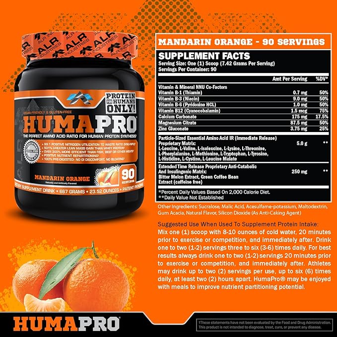 Humapro | Amino Acids Protein Matrix for Humans | 99% Utilization for Lean Muscle | Vegan, Gluten Free | 667g / 90 Servings (Mandarin Orange)