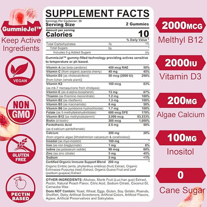 Sugar-Free Methylated Multivitamin for Women Gummies w/Algae Calcium, Vitamin A, C, D3, E, K, B12, Iron, Folate, Biotin, Inositol - Multi Vitamins & Minerals for Skin, Hair, Energy, Immune, Bone Vegan