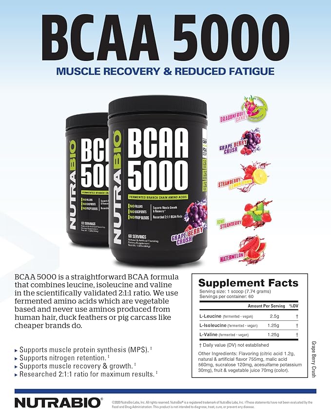 NutraBio BCAA 5000 Powder - Vegan Fermented BCAAs - Supports Lean Muscle Growth, Recovery, Endurance - 60 Servings - Kiwi Strawberry