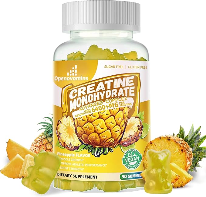 Creatine Monohydrate Gummies Complex 6400mg for Men & Women -Advanced Formula W/L-Taurine + Vitamin B12, Sugar Free Chewable Supplement,90 Pineapple Gummies