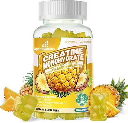 Creatine Monohydrate Gummies Complex 6400mg for Men & Women -Advanced Formula W/L-Taurine + Vitamin B12, Sugar Free Chewable Supplement,90 Pineapple Gummies