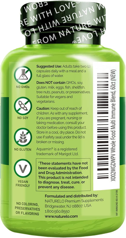 NATURELO Whole Food Multivitamin + Immune Blend with Elderberry & Mushrooms - Complete Multivitamin with Extra Immune Support - C, D3, Zinc, Elderberry, Reishi, Shitake - 60 Vegan Capsules