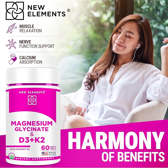 Magnesium Glycinate 500mg Organic Softgels with Vitamin D3 and K2 | D3 10,000 IU | Vitamin K2 100mcg with Coconut Oil for Bone Health | Immunity Support | Non-GMO | Gluten-Free | Sugar Free