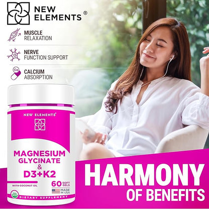 Magnesium Glycinate 500mg Organic Softgels with Vitamin D3 and K2 | D3 10,000 IU | Vitamin K2 100mcg with Coconut Oil for Bone Health | Immunity Support | Non-GMO | Gluten-Free | Sugar Free