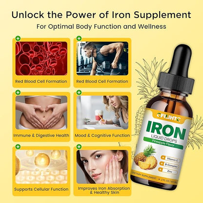 Liquid Iron Supplement for Women Men & Kids Multivitamin Iron Drops with Folate, Vitamin C, B6, B12, Zinc for Anemia, Iron Deficiency, Blood Builder, Energy - Natural Pineapple Flavor, Vegan 2 Fl Oz