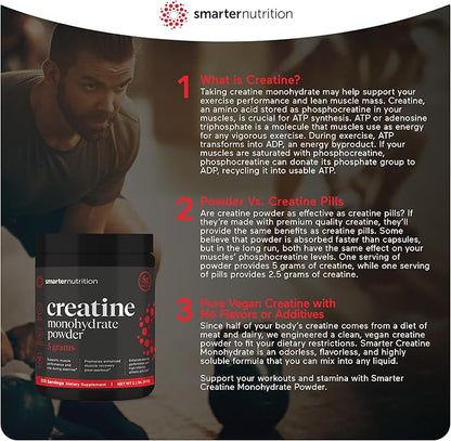Smarter Nutrition Creatine Monohydrate Powder 500g, 5000mg Per Serving (5g) - Keto Friendly, Unflavored, Gluten-Free Pre-Workout & Post Workout Support for Muscle Mass & Hydration [100 Servings]