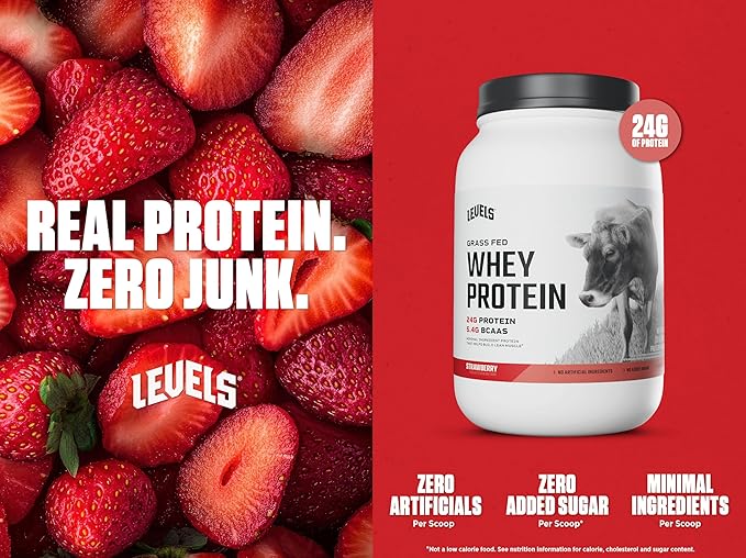 Levels Grass Fed Whey Protein Powder, No Artificials, 24G of Protein, Strawberry, 2LB