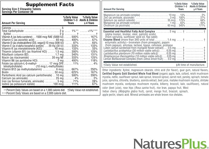 Natures Plus Animal Parade Gold Multivitamin Children’s Chewables - Cherry Flavor - 60 Chewable Animal-Shaped Tablets - with Vitamin D3, K2 & Probiotics - 30 Servings