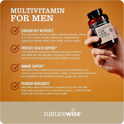 NatureWise Multivitamin for Men - Daily Male Support - Minerals & Herbs for Energy, Performance, Immunity - with Vitamin A, C, D, B-Complex - Soy & Gluten-Free, Non-GMO - 240 Capsules[6-Month Supply]