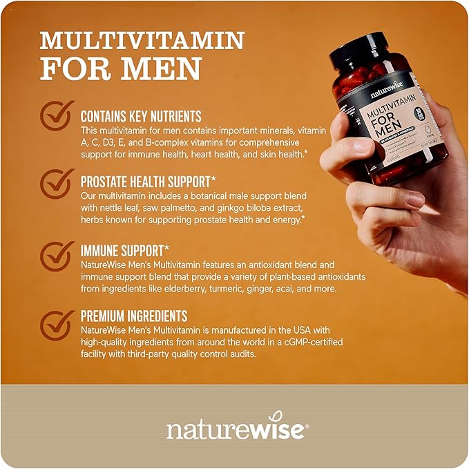 NatureWise Multivitamin for Men - Daily Male Support - Minerals & Herbs for Energy, Performance, Immunity - with Vitamin A, C, D, B-Complex - Soy & Gluten-Free, Non-GMO - 60 Capsules[1-Month Supply]
