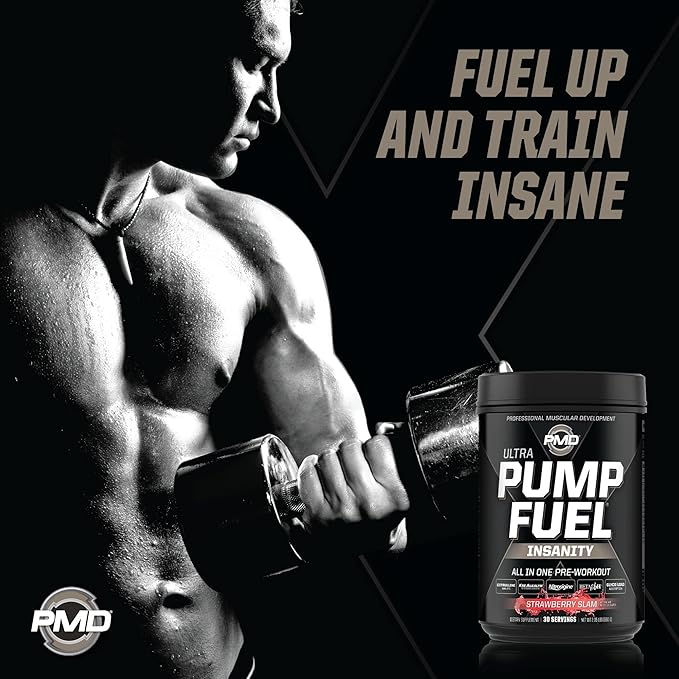 PMD Sports Ultra Pump Fuel Insanity - Pre Workout Drink Mix for Energy, Strength, Endurance, Recovery - Complex Carbohydrates and Amino Energy - Strawberry Slam (30 Servings)