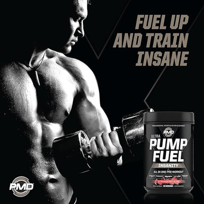 PMD Sports Ultra Pump Fuel Insanity - Pre Workout Drink Mix for Energy, Strength, Endurance, Recovery - Complex Carbohydrates and Amino Energy - Strawberry Slam (30 Servings)