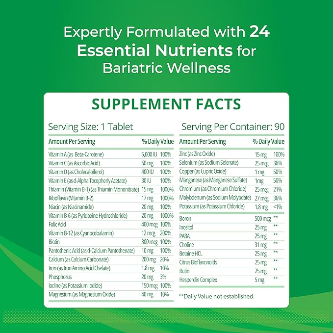 Bariatric Multivitamin with Iron for Post-Gastric Bypass & Sleeve Surgery, Energy Supplements, 90 Tablets, 24 Essential Nutrients, Formulated by Bariatric Surgeons per ASMBS Guidelines