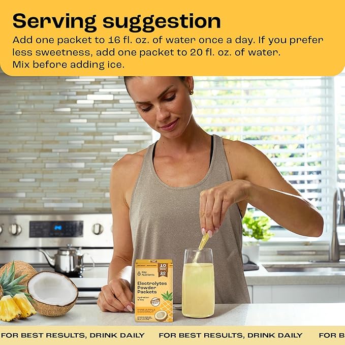 KEY NUTRIENTS Electrolytes Powder Packets - Tropical Pineapple Coconut 20 Pack Hydration Packets - Travel Hydration Powder - No Sugar, No Calories, Gluten Free Keto Electrolytes Powder - Made in USA