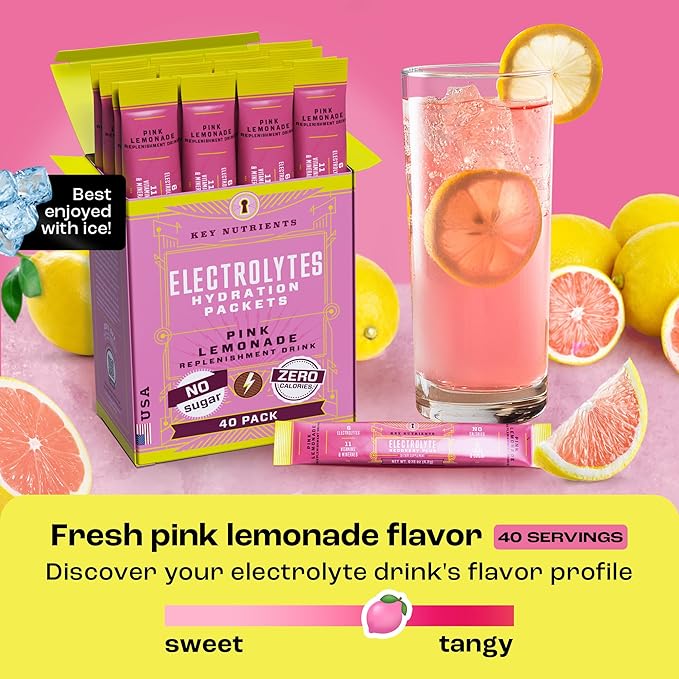 KEY NUTRIENTS Electrolytes Powder Packets - Fresh Pink Lemonade 40 Pack Hydration Packets - Travel Hydration Powder - No Sugar, No Calories, Gluten Free - Made in USA